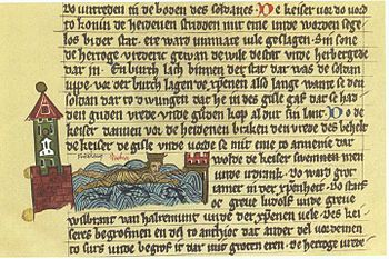 Friedrich Barbarossa ertrinkt im Saleph, Darstellung in der sächsischen Weltchronik um 1280