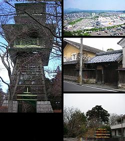 Kiri: Taman Okamemaya Shinrin Kanan (dari atas): Pemandangan dari Symphony Tower, Uchigasaki Shozo, Kame Sugi