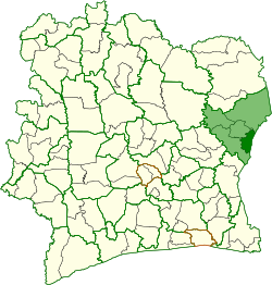 Location in Gonougo Region (brighter green) and Ivory Coast. Transua Department has retained the same boundaries since its creation in 2008.