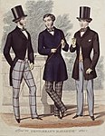 Tre män poserar framför en mur. Modeplansch, Gentlemen's Magazine, 1853 - Nordiska Museet - NMA.0060793