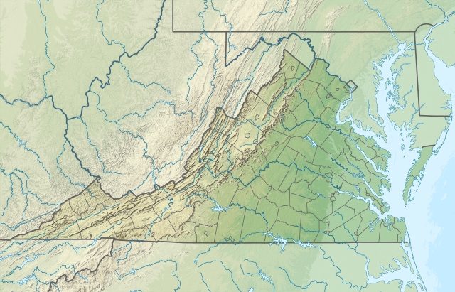 Mapa konturowa Wirginii, blisko centrum na dole znajduje się punkt z opisem „miejsce bitwy”