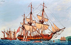 A Revolutionary War painting depicting the Continental Navy frigate Confederacy is displayed at the Navy Art Gallery at the Washington Navy Yard.