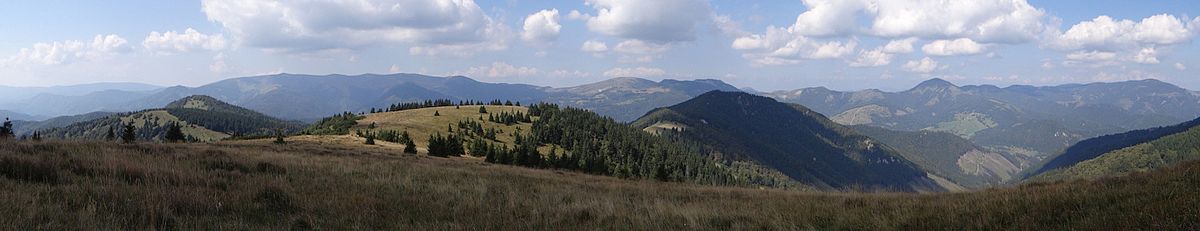 Widok z grzbietu Zwolenia. Motyčská hoľa po lewej stronie. W tle szczyty głównego grzbietu Wielkiej Fatry