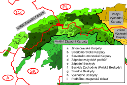 Vnější Západní Karpaty, Jablunkovské mezihoří vyznačeno červeným polem