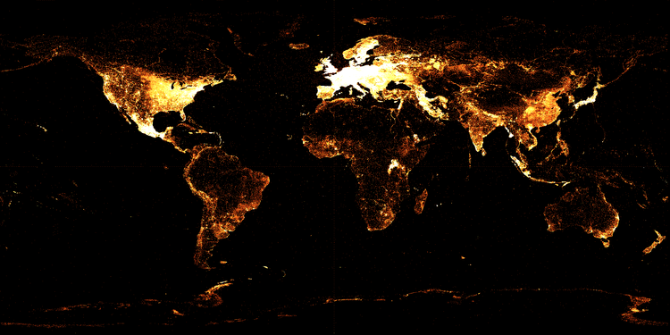 Wikidata Map April 2016 (map shows a single pixel dot for every Wikidata item with a coordinate location)