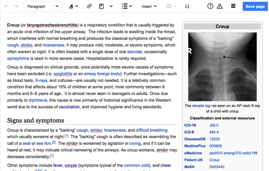 Screenshot showing the same article in VisualEditor. Unlike the wiki markup display, VisualEditor will show the text being edited almost as if it were already saved.