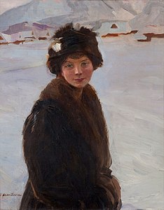 Portrait de jeune fille sur fond de paysage hivernal (1930), musée d'art de Lodz.