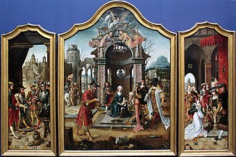 Master of the Von Groote Adoration, the Von Groote Adoration of the Magi, with at left King David receiving the Emissaries of the Twelve Tribes and right The Queen of Sheba before Solomon 1517 Tryptichon mit Konigsanbetung und alttestamentarischen Szenen anagoria.JPG