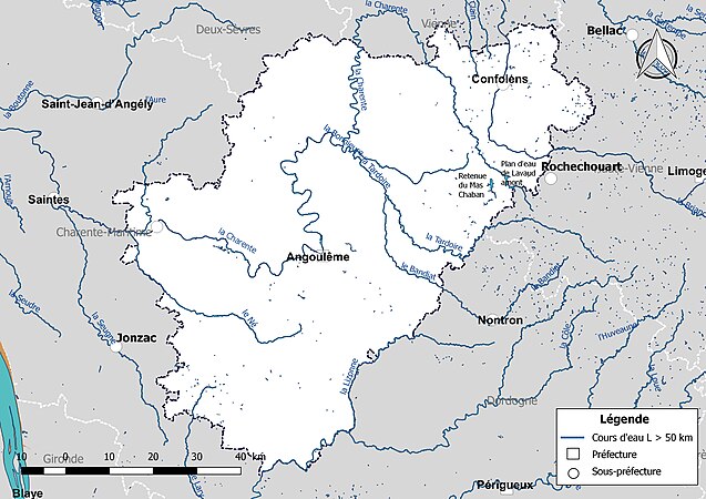 Carte des cours d'eau de longueur supérieure à 50 km de la Charente.