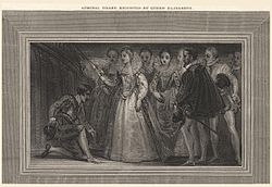 Francis Drake (left) being knighted by Queen Elizabeth I in 1581. The recipient is tapped on each shoulder with a sword. Admiral Drake knighted by Queen Elizabeth' (Sir Francis Drake) from NPG.jpg