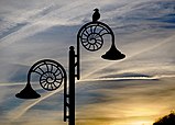 Ammonite lamp post at dusk, Lyme Regis.JPG