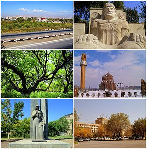 From top left: View of Artashat • Statue of King Artaxias I Apricot farms  • Surp Hovhannes Church World War II memorial • Downtown Artashat