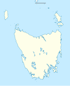 Mapa konturowa Tasmanii, na dole nieco na prawo znajduje się punkt z opisem „Hobart”