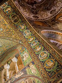Triumphal arch mosaics of Jesus Christ and the Apostles. In Basilica of San Vitale in Ravenna, Italy. Basilica of San Vitale - triumphal arch mosaics.jpg