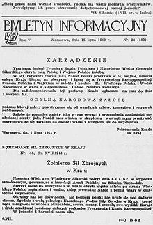 Polish Underground State Information Bulletin, 15 July 1943, reports the death of Gen. Sikorski and orders a national day of mourning Biuletyn informacyjny sikorski.jpg