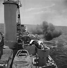 HMCS Uganda bombards Miyako-jima, serving as a part of the British Pacific Fleet, May 1945. Bombardment by HMCS UGANDA.jpg