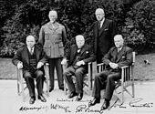 Britain's World War II Prime Minister Winston Churchill (seated centre) with the prime ministers of the Commonwealth of Nations at the 1944 Commonwealth Prime Ministers' Conference. CommonwealthPrimeMinisters1944.jpg