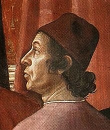 Chalkokondyles,[1][2][3][4][5] detail of Zachariah in the Temple by Domenico Ghirlandaio. Fresco. Santa Maria Novella, Cappella Tornabuoni, Florence, Italy. 1486–1490.