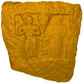 Digital image obtained by 3D scanning of the Jakkur 16th-century Sati stone.