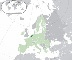 Localizarea  Țărilor de Jos  (verde închis) – pe continentul european  (verde și gri închis) – in Uniunea Europeană  (verde)