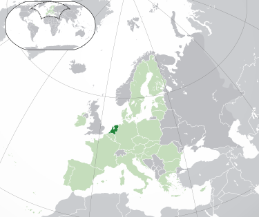 Location of the  European Netherlands  (dark green)– in Europe  (green & dark grey)– in the European Union  (green)