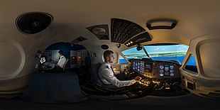 Interior of a flight simulator in Estonia, for a Piper Seneca PA-34
(view as a 360deg interactive panorama) Eesti Lennuakadeemia 360-8.jpg