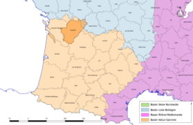 Localisation du département de la Charente sur la carte des bassins hydrographiques français.