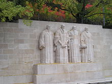 The International Monument to the Reformation, a statue erected in Geneva in 1909 depicting William Farel, John Calvin, Theodore Beza, and John Knox, four leaders of the Reformed tradition of Protestantism Ginevra1.JPG