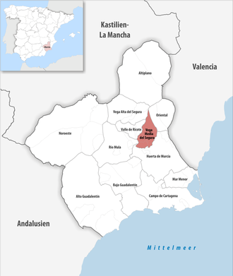 Die Lage der Comarca Vega Media del Segura in der autonomen Gemeinschaft Murcia