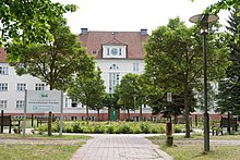 Grüner Innenhof mit einer Allee aus Bäumen im Hintergrund denkmalgeschütztes Gebäude mit goldener Uhr