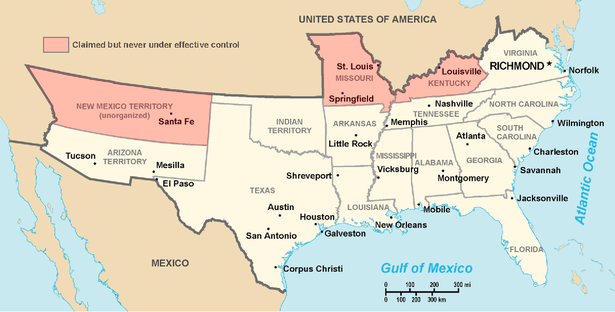 Map of the states and territories claimed by the Confederate States of America Map of CSA 4.png