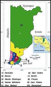 Mapa dos cantões da província de Heredia