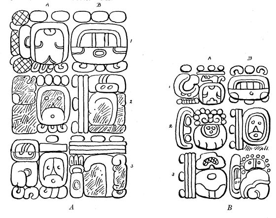 Fig. 83. Calendar-round dates: A, Altar M, Quirigua; B, Altar Z, Copan.