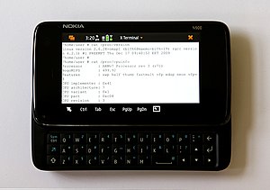 The Nokia N900 showing system information in x...