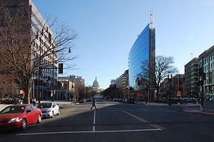 New Jersey Avenue, near F Street, in Washington, DC looking towards United States Capitol Glass building on National Association of Realtors