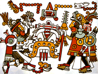 Mixtec king and warlord Eight Deer Jaguar Claw (right) Meeting with Four Jaguar, in a depiction from the pre-Columbian Codex Zouche-Nuttall.