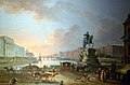 Paris, vers 1775. La statue de Henri IV (roi de France) au centre, l’hôtel des Monnaies, le pont Royal et le Louvre, vus du Pont-Neuf