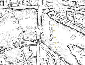 Les vestiges du « pont de Pédauque » (plan par Albert Jouvin de Rochefort, 1680).