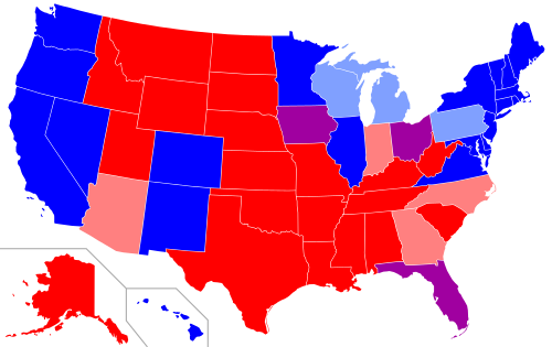Estados rojos (Republicanos) vs. azules (demócratas) (Fuente: http://en.wikipedia.org/wiki/Red_states_and_blue_states)