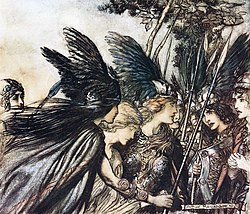 Brünnhilde přivádí Sieglinde ke svým sestrám, kresba Arthur Rackham