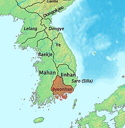 The Korean peninsula in the 1st century, Byeonhan shaded in red.