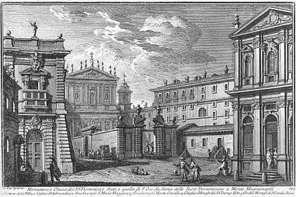 An 18th-century view of the Church of Saints Dominic and Sixtus at center left, and the former Dominican convent that now houses the Angelicum at center right Vasi149.jpg