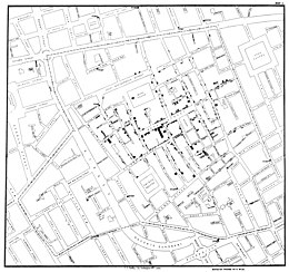 Original mapping by John Snow showing the clusters of cholera cases in the London epidemic of 1854, which is a classical case of using human geography Snow-cholera-map-1.jpg