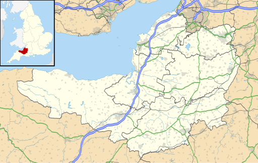 Map of Somerset, with a red dot showing a position of Bath in the north east corner
