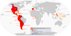 Spanish Empire in 1790. In North America, Spain claimed lands west of the Mississippi River and the Pacific coast from California to Alaska, but it did not control them on the ground. The crown constructed missions and presidios in coastal California and sent maritime expeditions to the Pacific Northwest to assert sovereignty. SpanishEmpire1790.svg