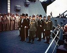Representatives on board the USS Missouri to effect Japan's unconditional surrender at the end of World War II Surrender of Japan - USS Missouri.jpg