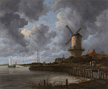 painting of a windmill, river and large sky