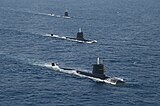 Trio of Kalvari class submarine during an exercise.