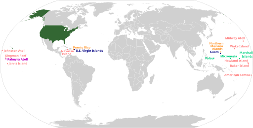 World map showing the U.S. together with its territories