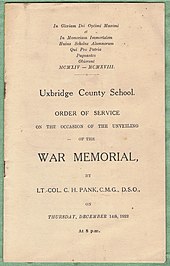 War Memorial unveiling's Order of Service cover, 14 December 1922. Uxbridge County School, War Memorial unveiling, Order of Service, December 14th, 1922.jpg